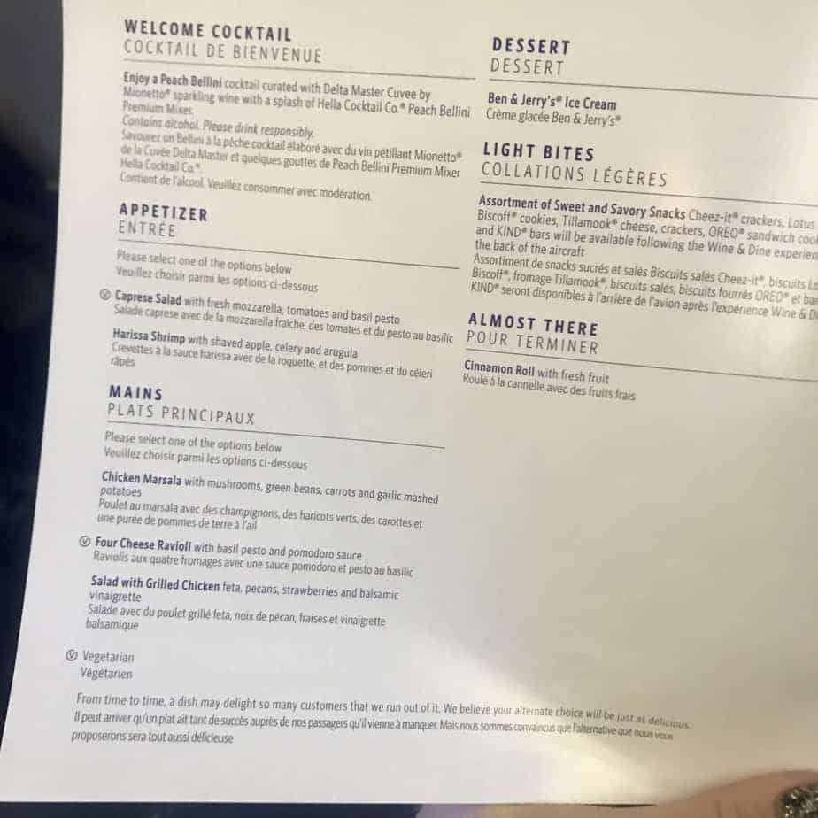 Delta International Economy Class: Main Meal Menu