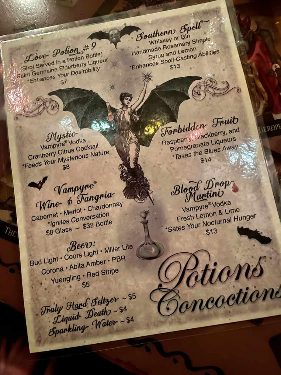 New Orleans vampire speakeasy Potions menu