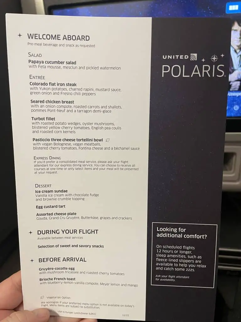 United Polaris business class menu